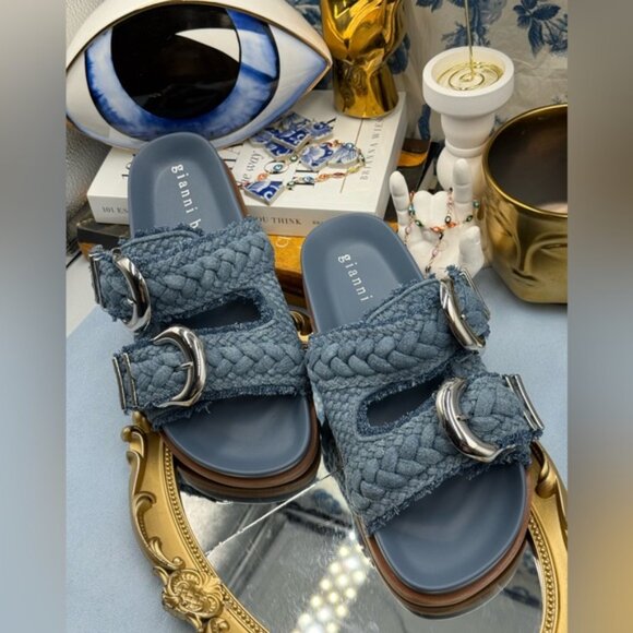 🆕 GIANNI BINI 🧿 NWOB Cecil Two Braided Denim Double Banded Slide Sandals Sz7.5 - Picture 4 of 13